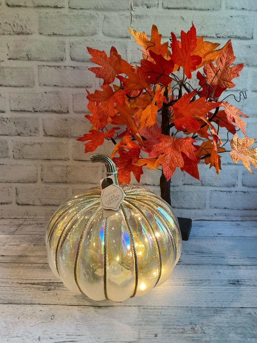 RACHEL ZOE 9.5in Led Frosted Glass Pumpkin With Metal Detail